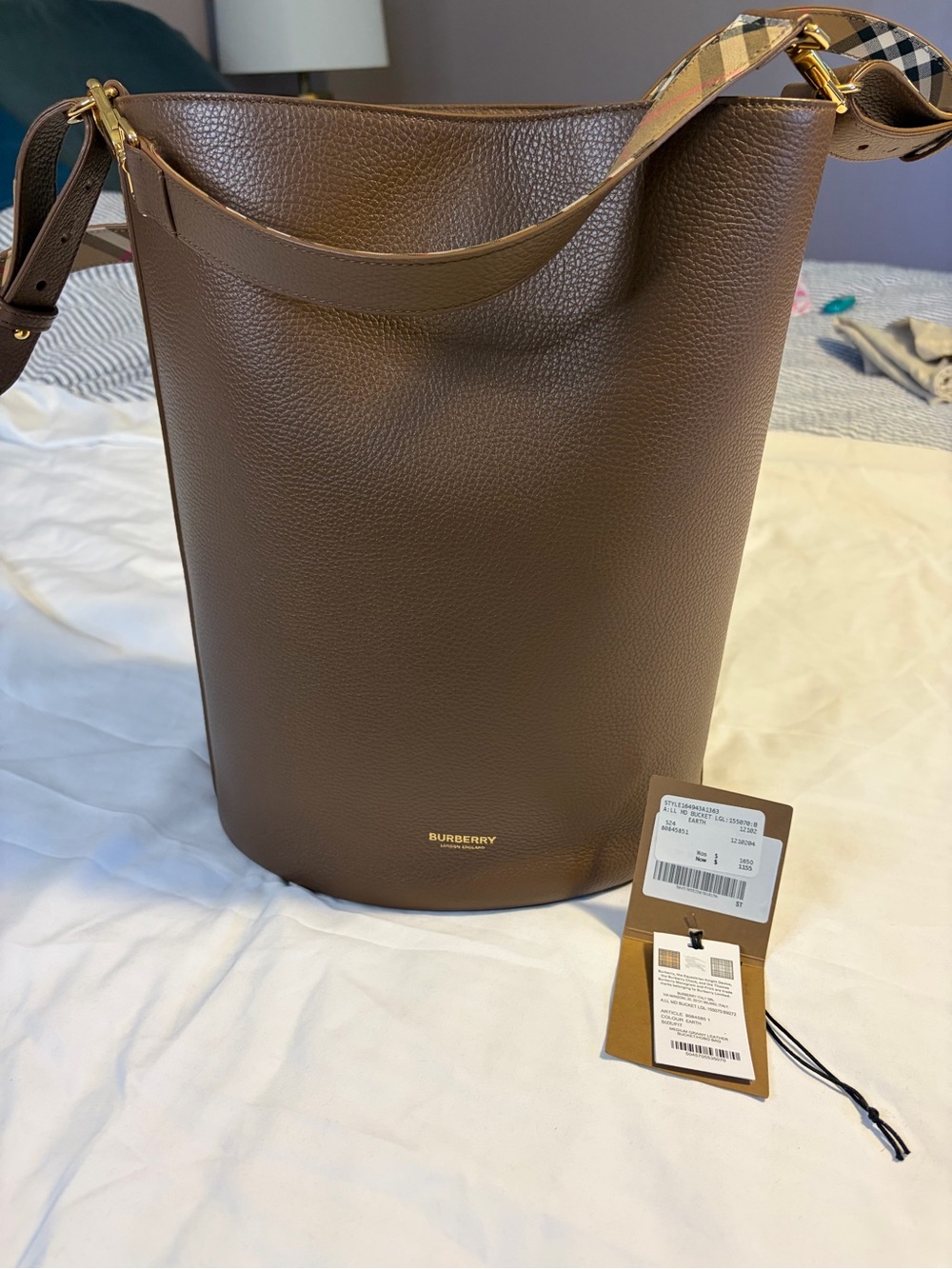 Burberry Chocolate Brown Pebbled Leather Bucket Bag with Check Strap